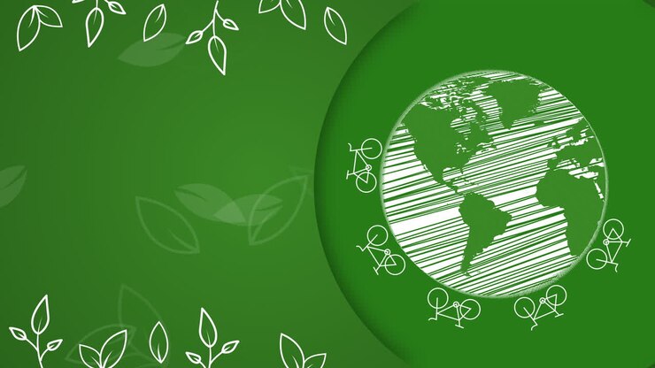 Bicycles move around planet earth. Plant ornament on green background. Looped animation with empty space for text.