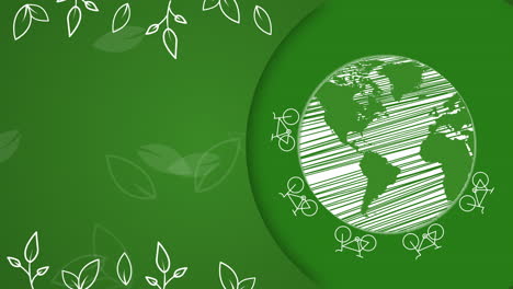 bicycles move around planet earth. plant ornament on green background. looped animation with empty space for text.