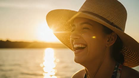 a joyous moment captured by the serene waters, showcasing a woman's radiant smile and vibrant energy during a beautiful sunset, reflecting pure happiness and tranquility