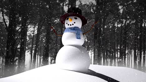 animation of snow falling over snowman and winter landscape