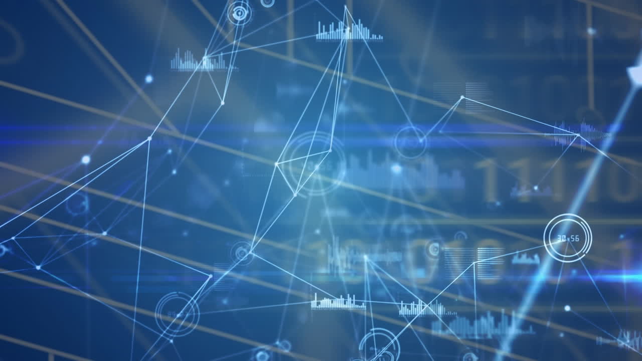 Animation of networks of connections and data processing over blue background