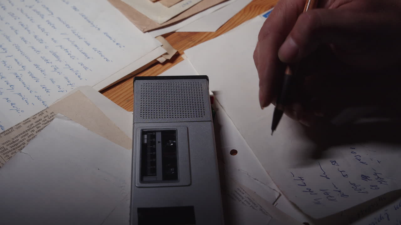 The person presses play on the recorder and starts taking notes on paper