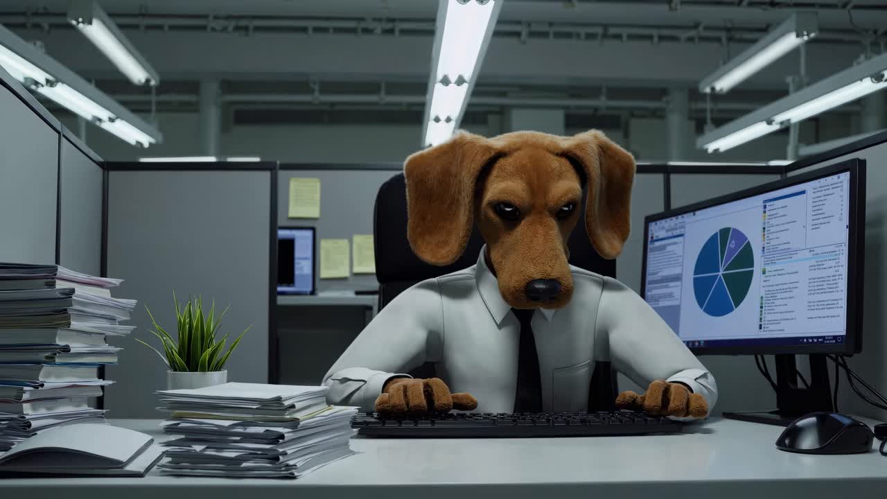 Humorous video concept of a dog-headed person in an office, shot from a front angle