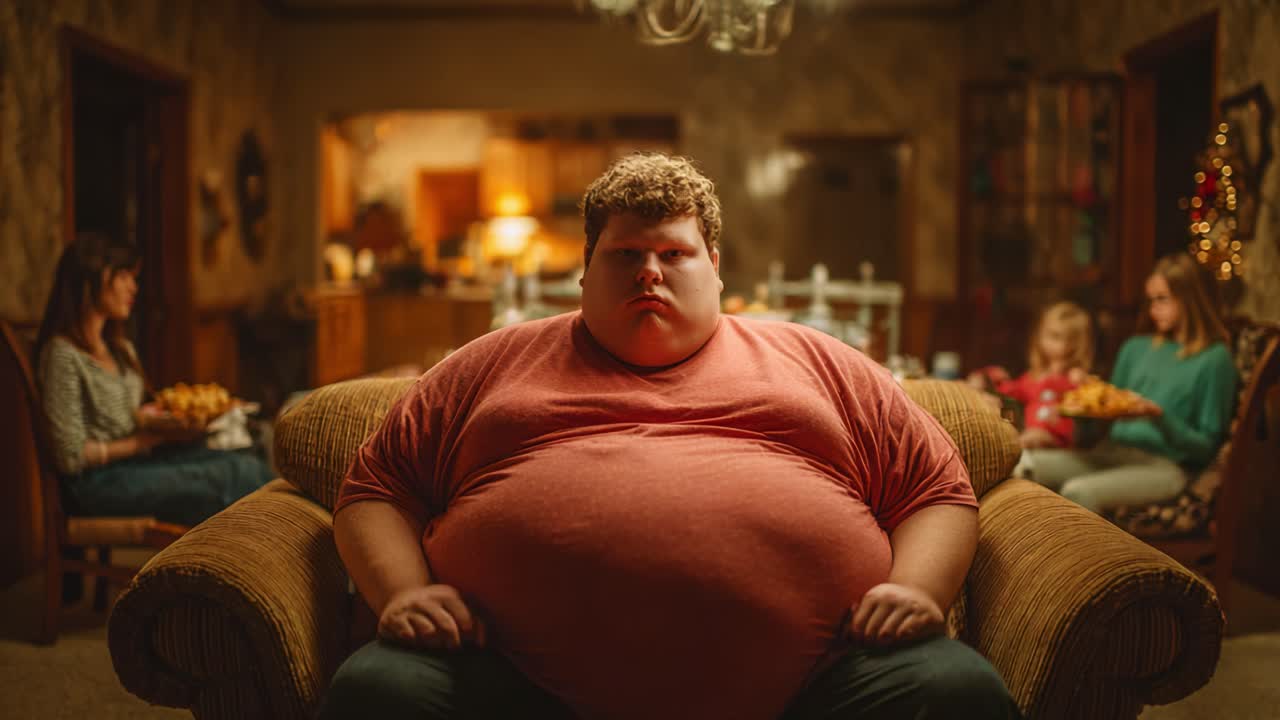 A Thoughtful Moment: An Overweight Boy Sits on a Couch Surrounded by Family at Dining Table, Capturing a Quiet Scene of Reflection in a Cozy Living Room Setting