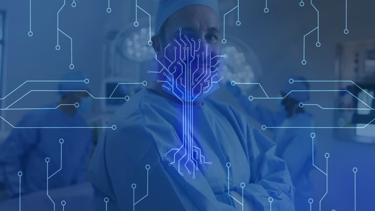 lead surgeon guiding surgery in operating room, displaying neon-blue circuit overlay on monitors
