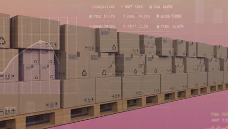 animation of financial data processing over stack of cardboard boxes