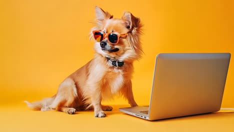 un pequeño perro con gafas de sol sentado junto a una computadora portátil
