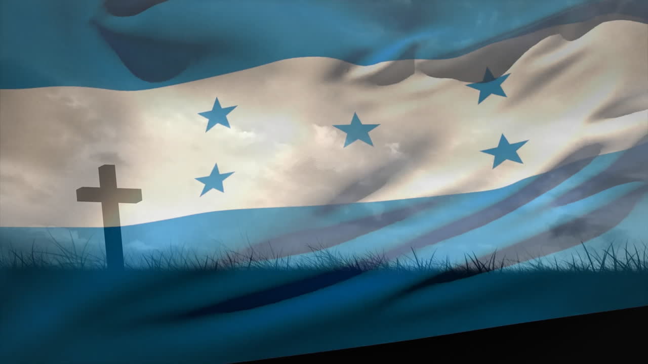 Waving Honduras flag with animation over cross silhouette and grassy landscape