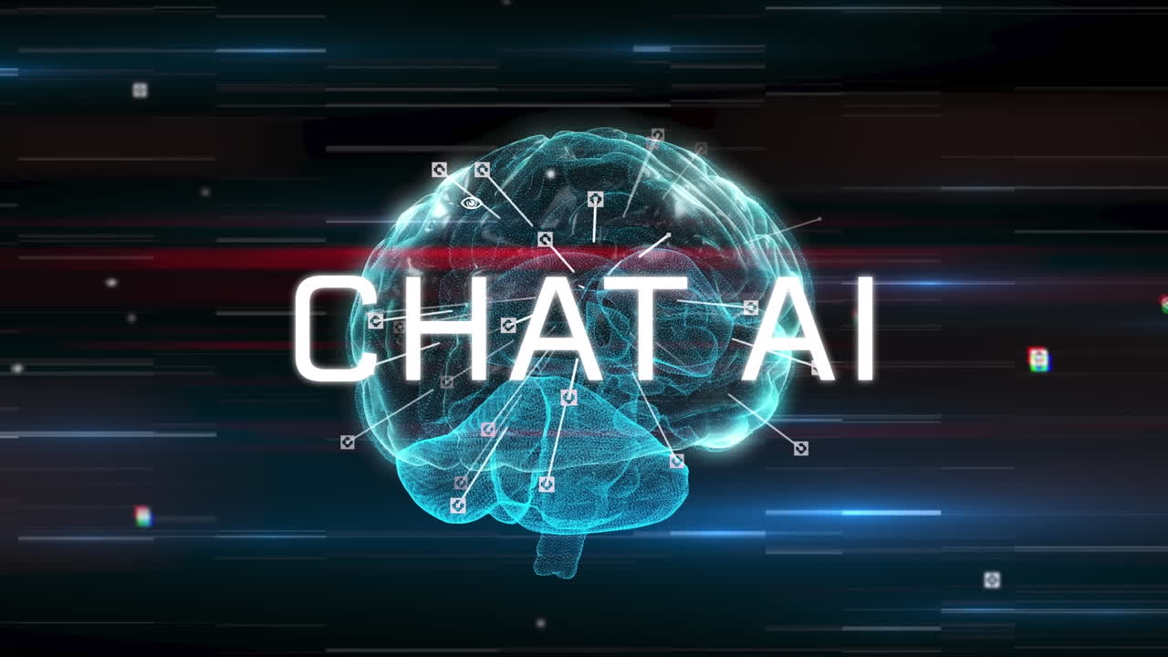 Animation of artificial intelligence chat text and data processing over human brain