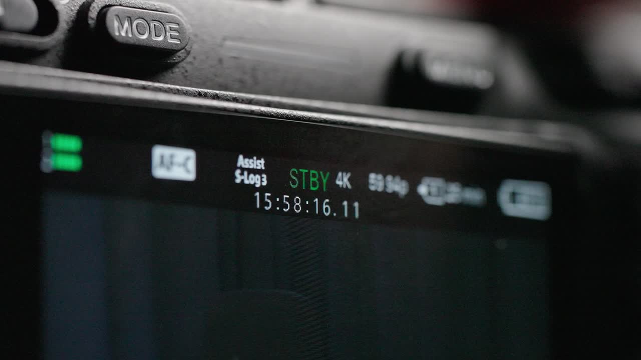 Macro shot of the Sony FX3 screen with the record overlay visible, emphasizing the camera's real-time feedback during filming