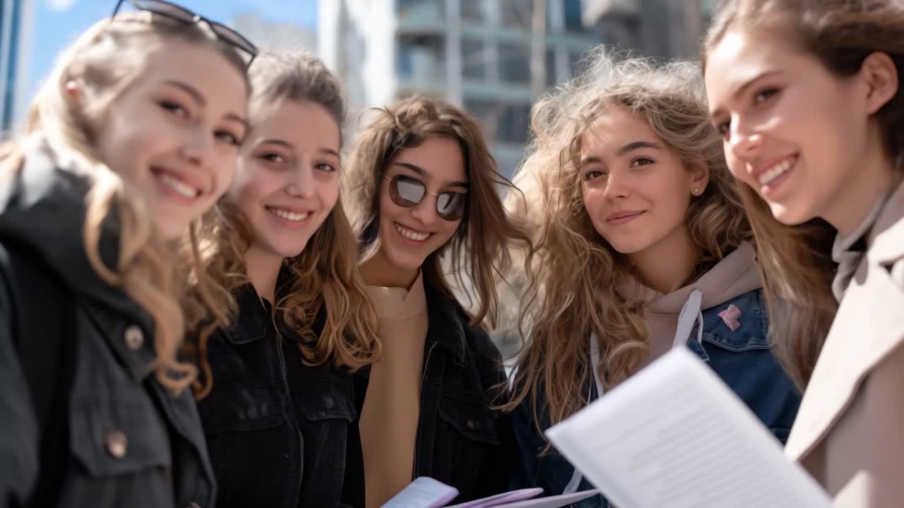 Group of smiling women in the city