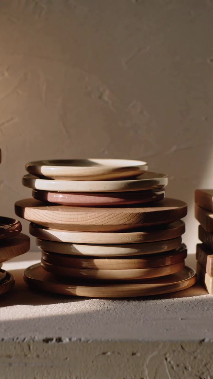 Vertical video: Panning camera across round wood stack on ledge showing blocks and plaster wall