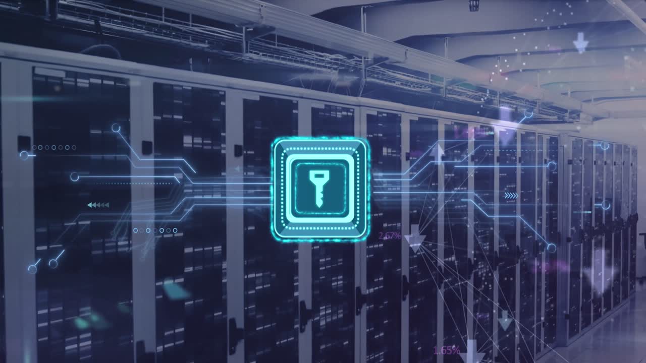 animación de la clave en cuadrado, flechas conectadas, patrón de placa de circuito sobre bastidores de servidores de datos