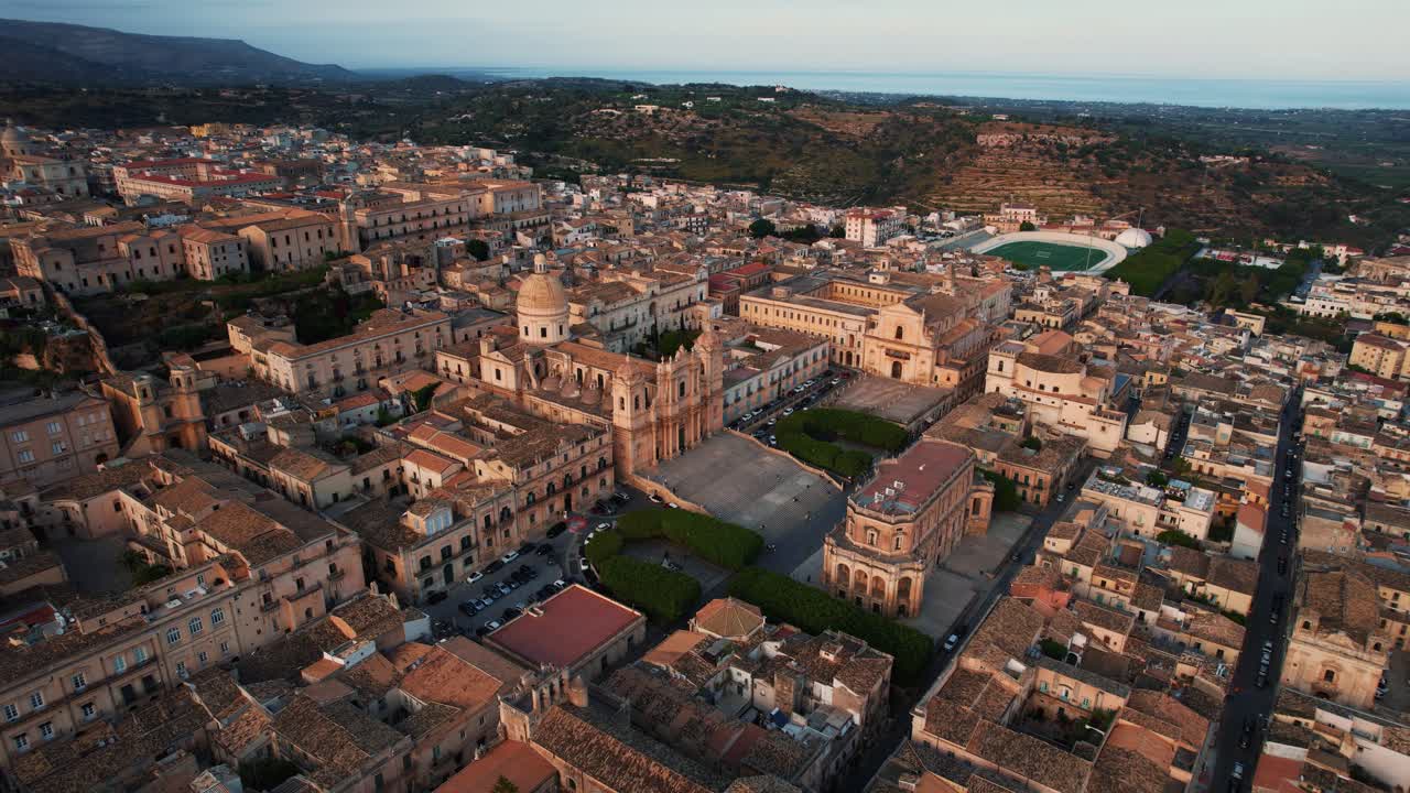 Noto, Sicily by sunset.Aerial view of baroque architecture, San Nicolò Cathedral. Scenic Italy.