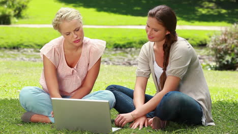 Two-girls-use-a-laptop-while-sitting-in-the-park-and-then-look-at-the-camera