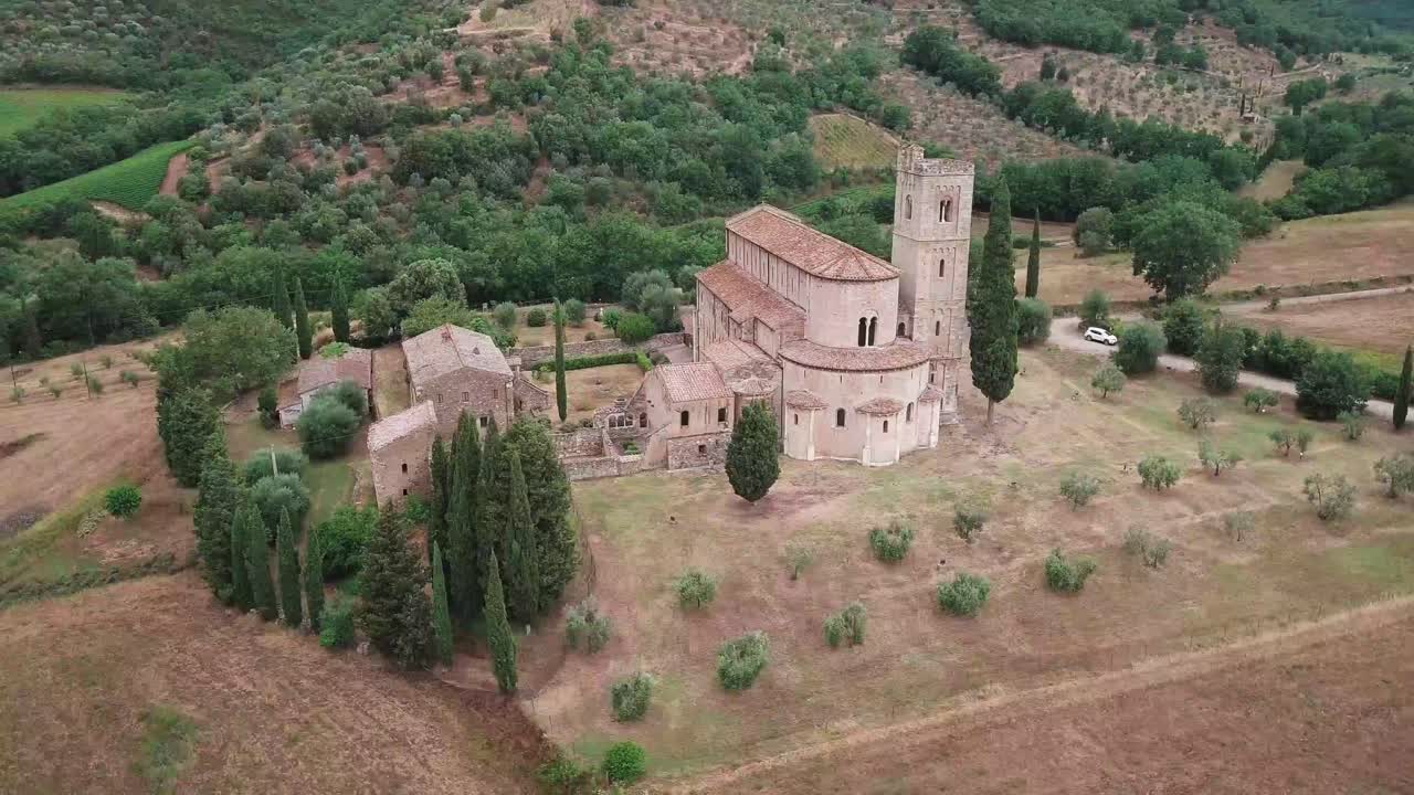 Abbazia di Sant'Antimo aerial views. Castelnuovo dell'Abate. Tuscany. Italy.