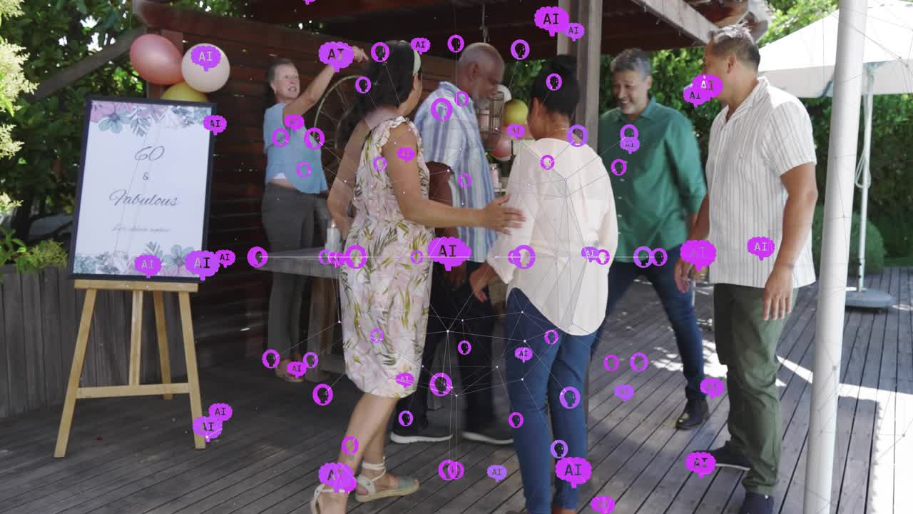 Guests clapping, placing sash and headband on central celebrant on deck, event adding AR confetti