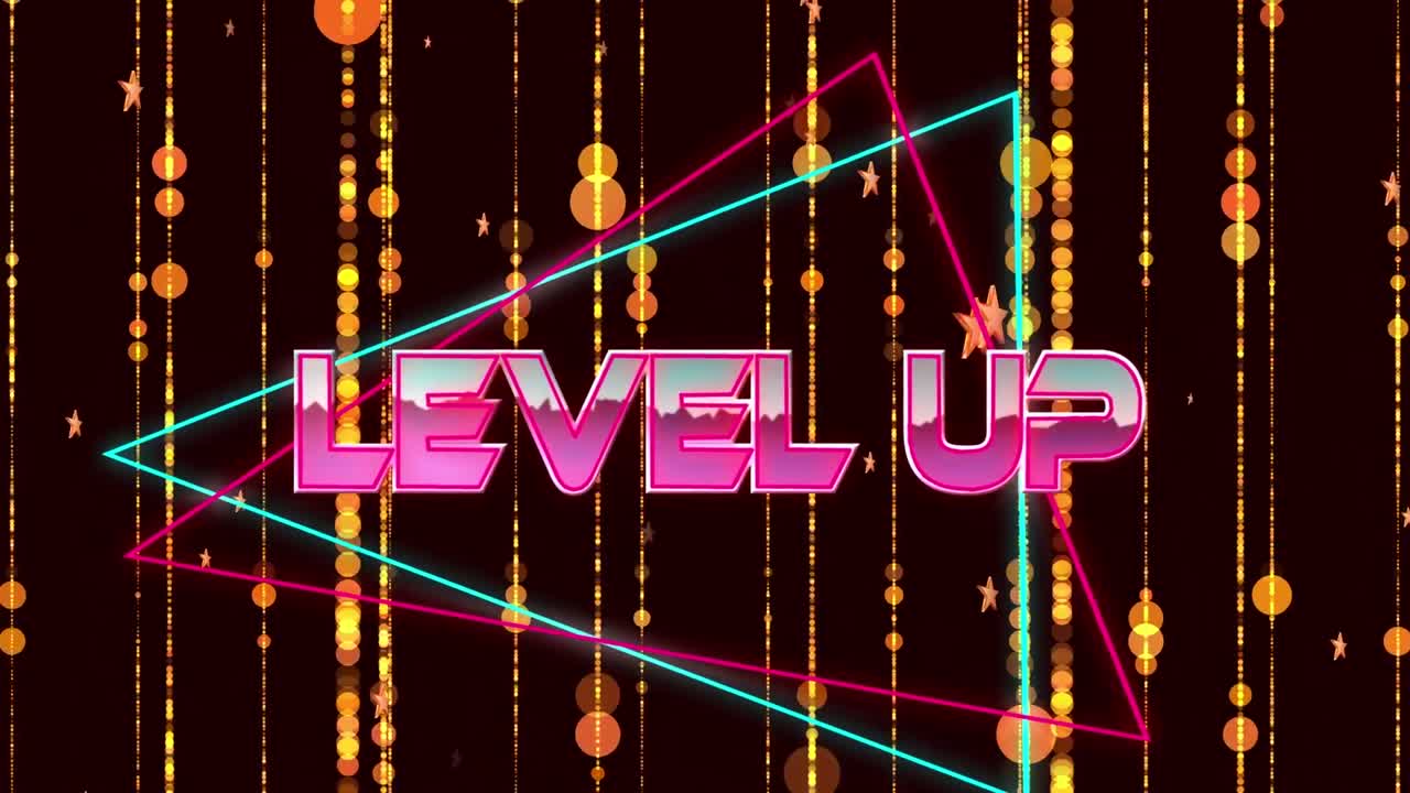 검은 바탕에 노란색 트레일과 반점 위의 레벨 업 텍스트의 애니메이션