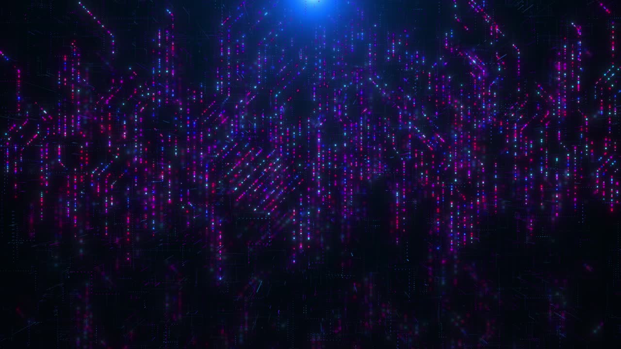 Digital structure electronic circuit board visuals vivid neon grid pulses across dark background