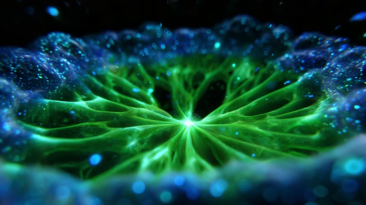 Exploring the Intricate Patterns of a Luminous Green and Blue Abstract Design, Captured in Dynamic Frames, Showcasing an Ethereal Flow of Light and Color in a Hypnotic Visual Experience