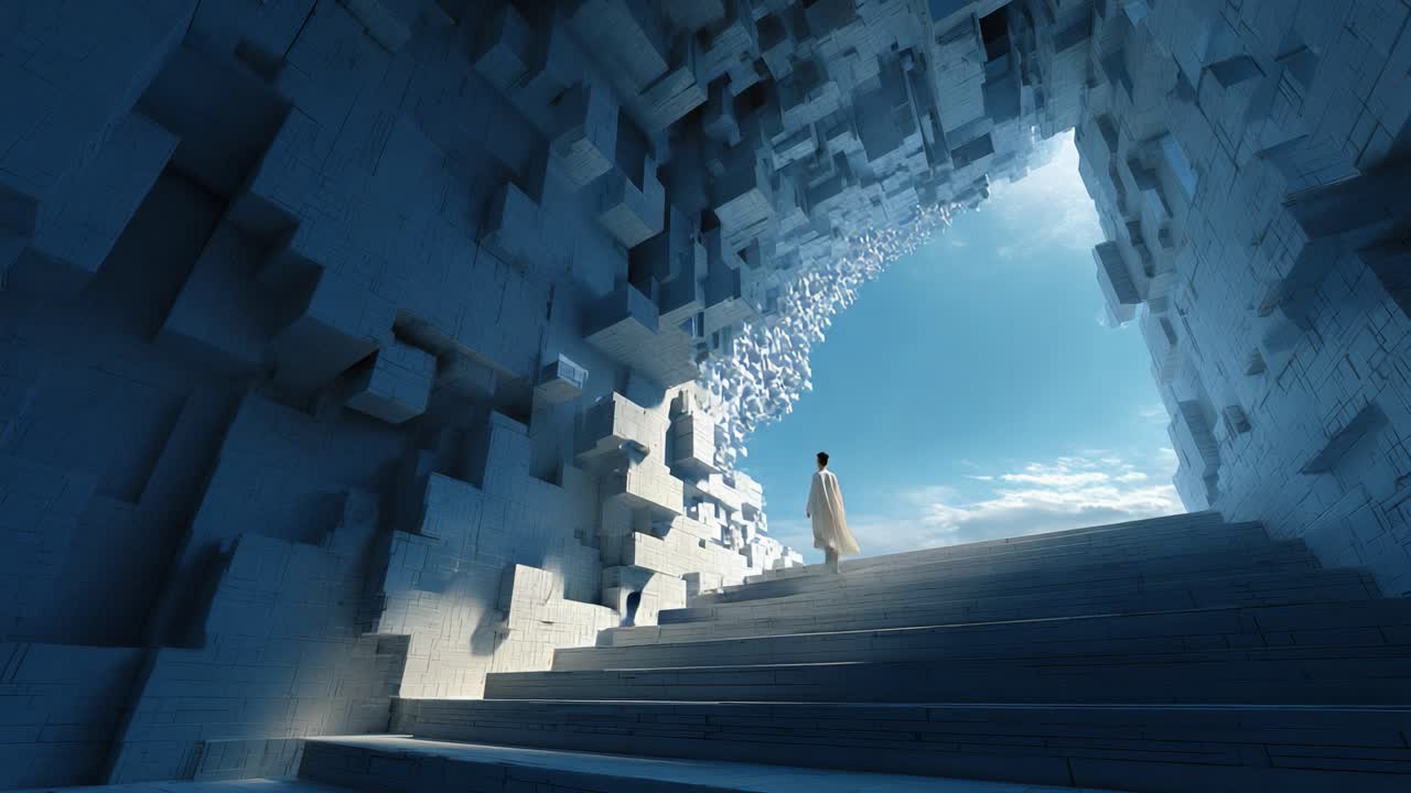 A figure in a flowing garment ascends a series of illuminated steps, emerging from a geometric cave-like structure into a vast, expansive sky filled with soft clouds and radiant light