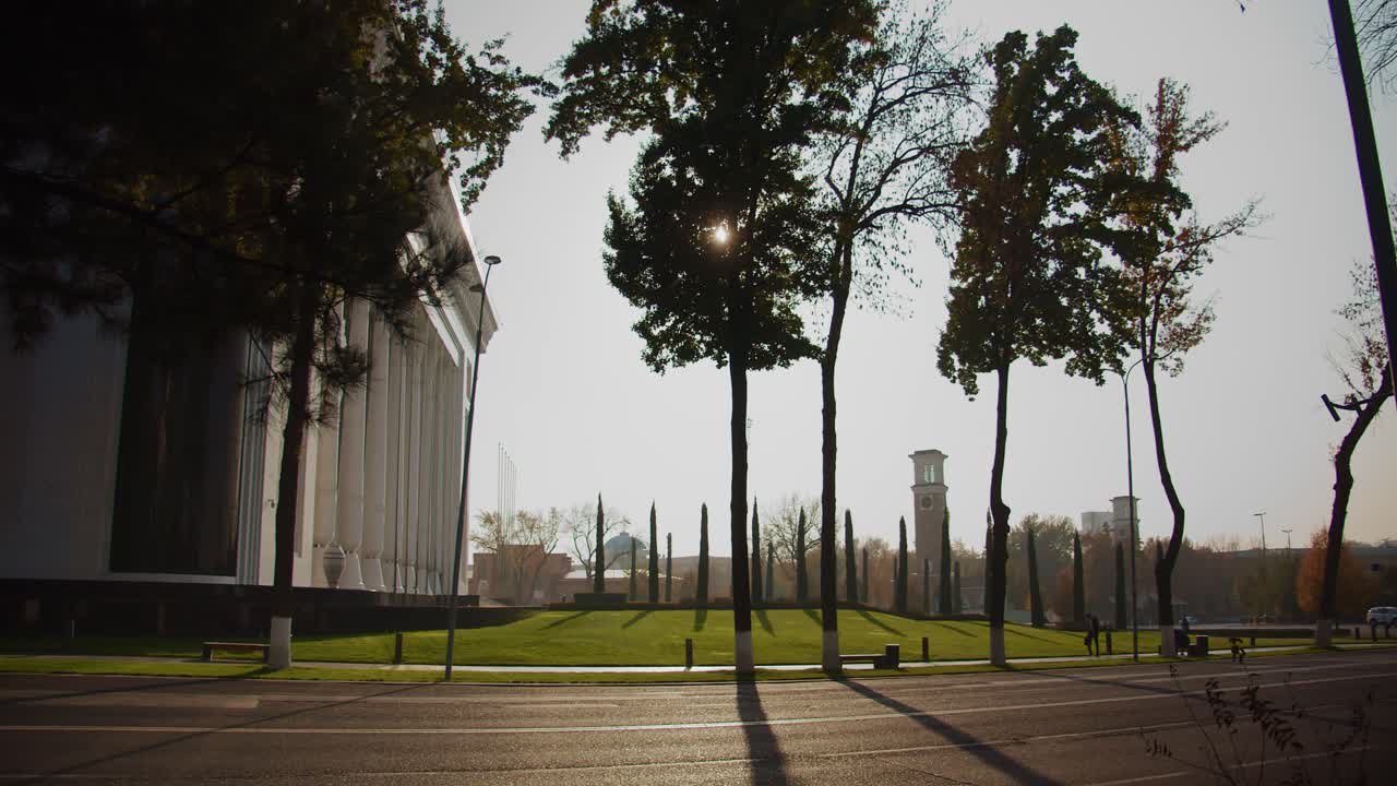 City Street with Building and Trees