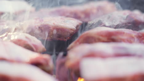 Zeitlupenmakro-Von-Brutzelndem-Fleisch-Auf-Feurigem-Und-Rauchigem-Grill