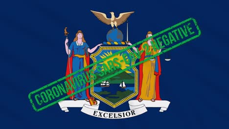 new york us state swaying flag with green stamp of freedom from coronavirus, loop