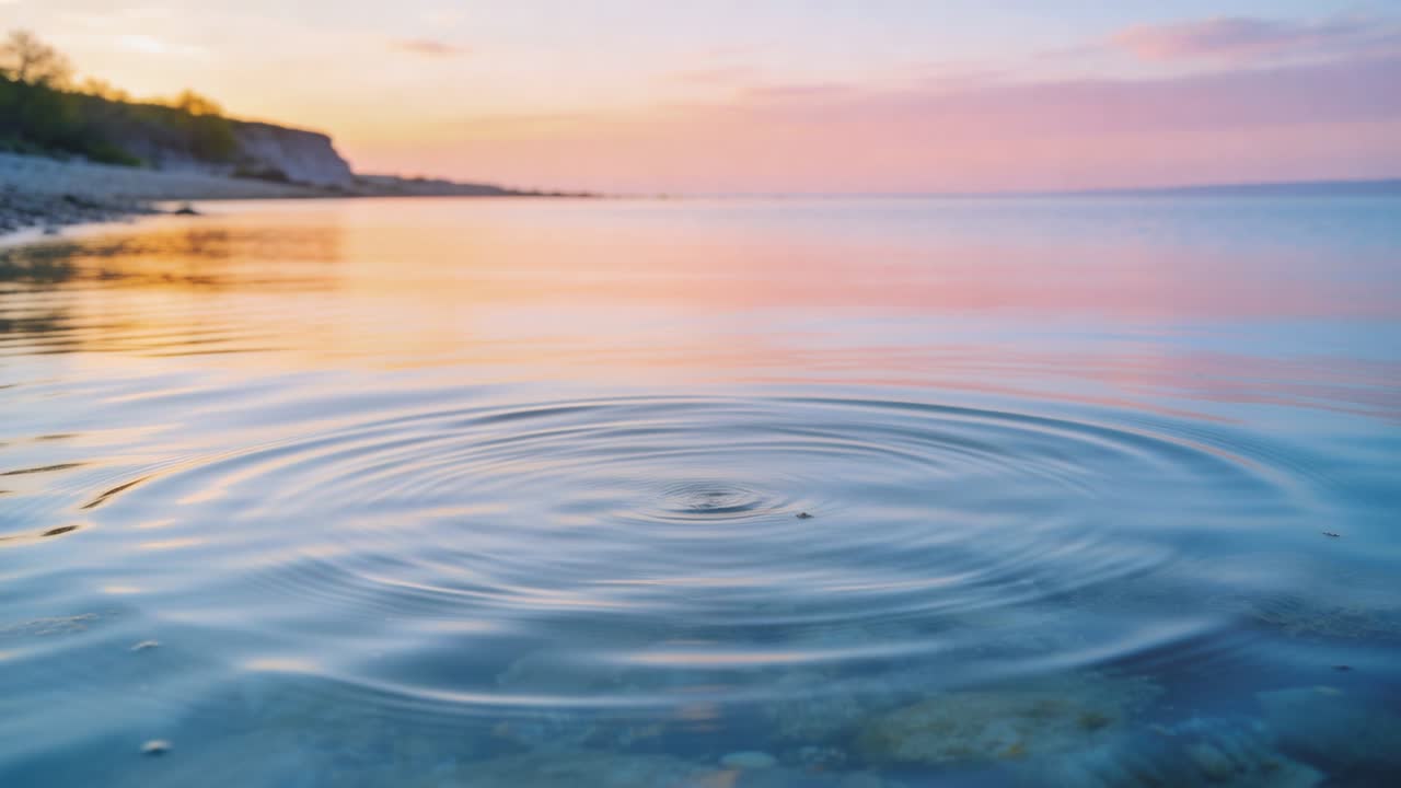 Perturbazione centrale che forma anelli concentrici, espandendosi verso l'esterno su una riva poco profonda, riflettendo il cielo pastello.