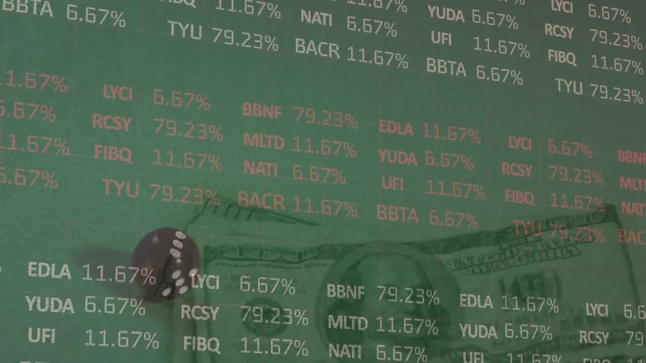 녹색 배경 에 있는 주사위 와 미국 달러 지폐 에 대한 금융 데이터 처리 의 애니메이션