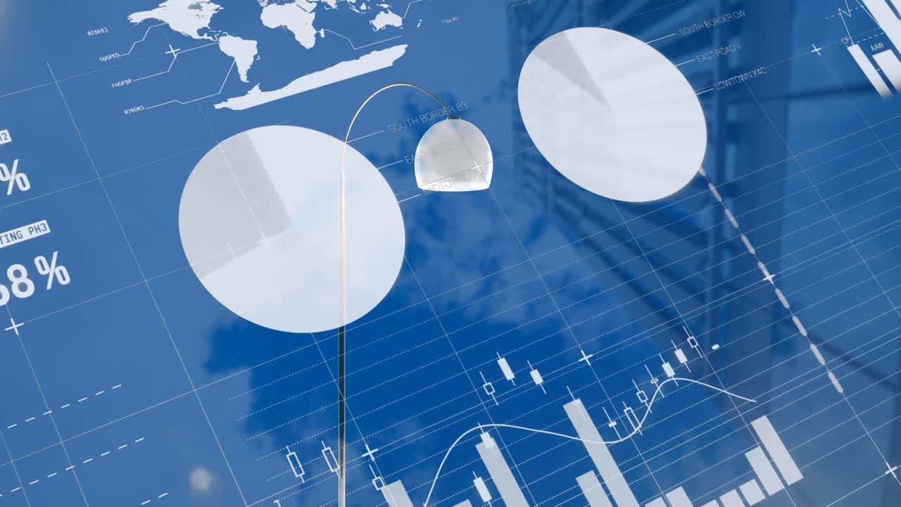 Animation of statistical data processing against low angle view of tall building
