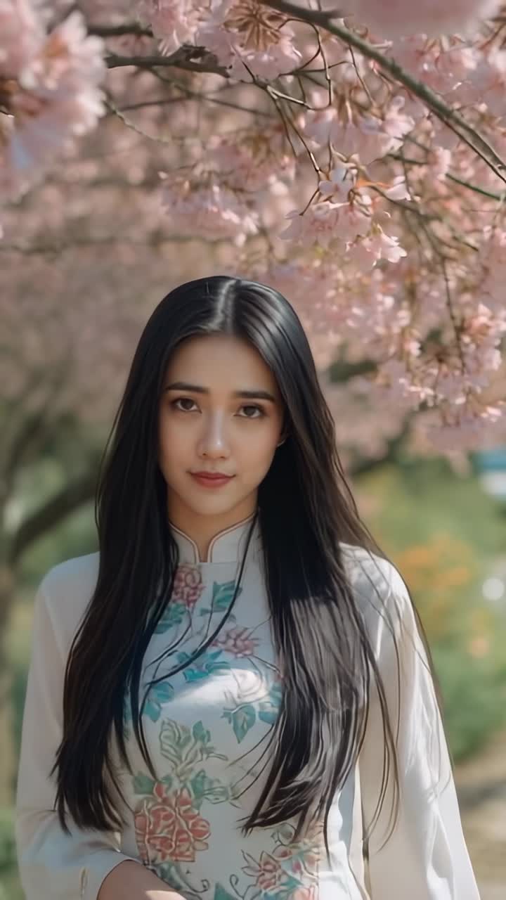 Vídeo vertical: Cámara panorámica, mujer con qipao levantando la barbilla en un parque bajo cerezos en flor, cordón