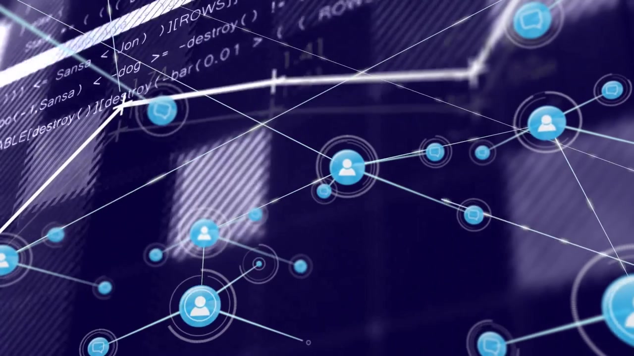 Upon user icon emerging, white lines extending to nodes and visualizing network growth