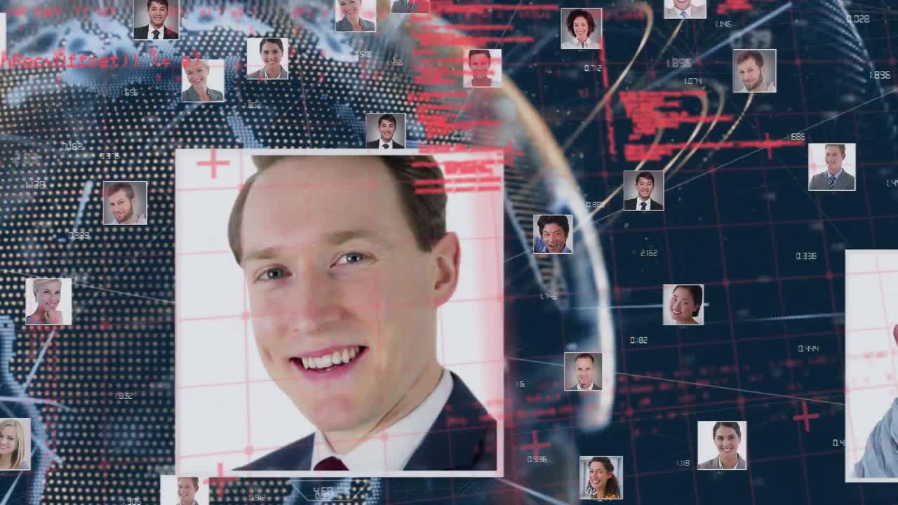 Microprocessor connections over network of business profile icons against globe and data processing
