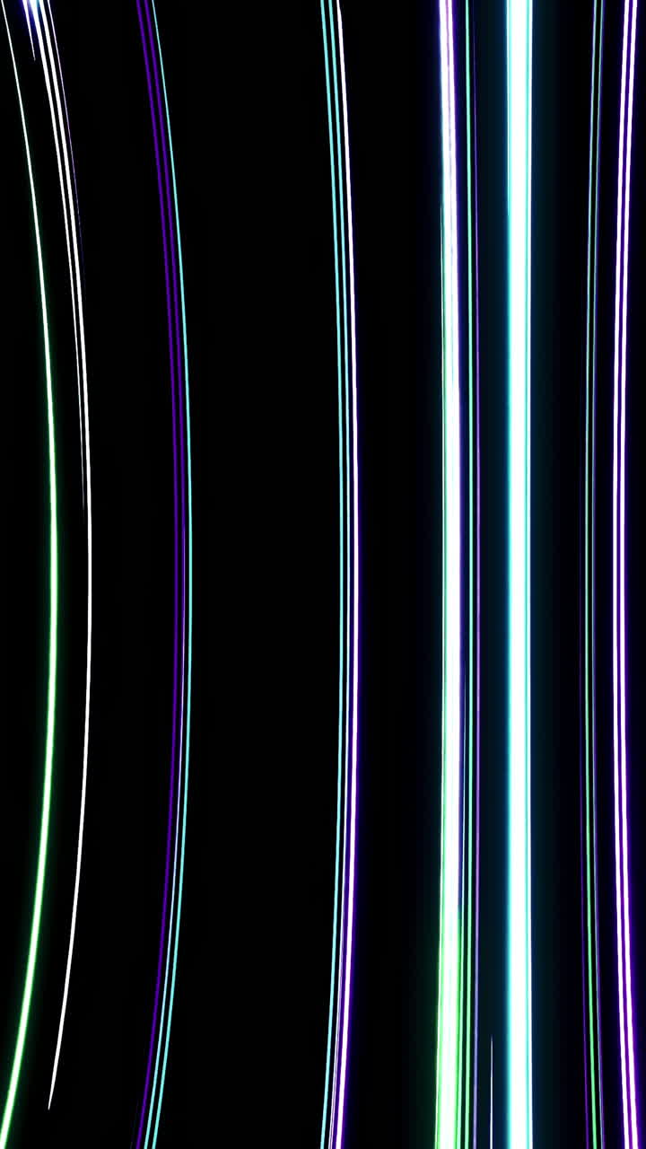 Vivaci archi al neon si stagliano sul nero, nastri di luce multicolori si curvano e si fondono con il ciano elettrico.