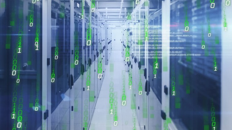 Animazione di codici binari e linguaggio informatico che cadono su sala server