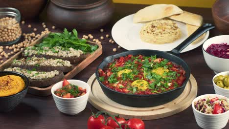 israeli cuisine. hands taking shakshuka decorated with parsley. national jewish dish made of eggs fried in tomato sauce, hot peppers, onions and spices, middle eastern culture. forshmak and hummus