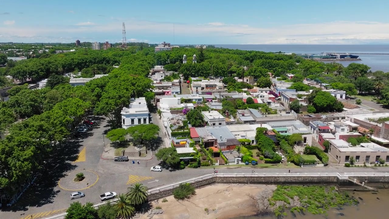 Via storica della città di Colonia del Sacramento coperta da alberi verdi lussureggianti attraverso il Río de la Plata, ripresa rivelatrice con drone