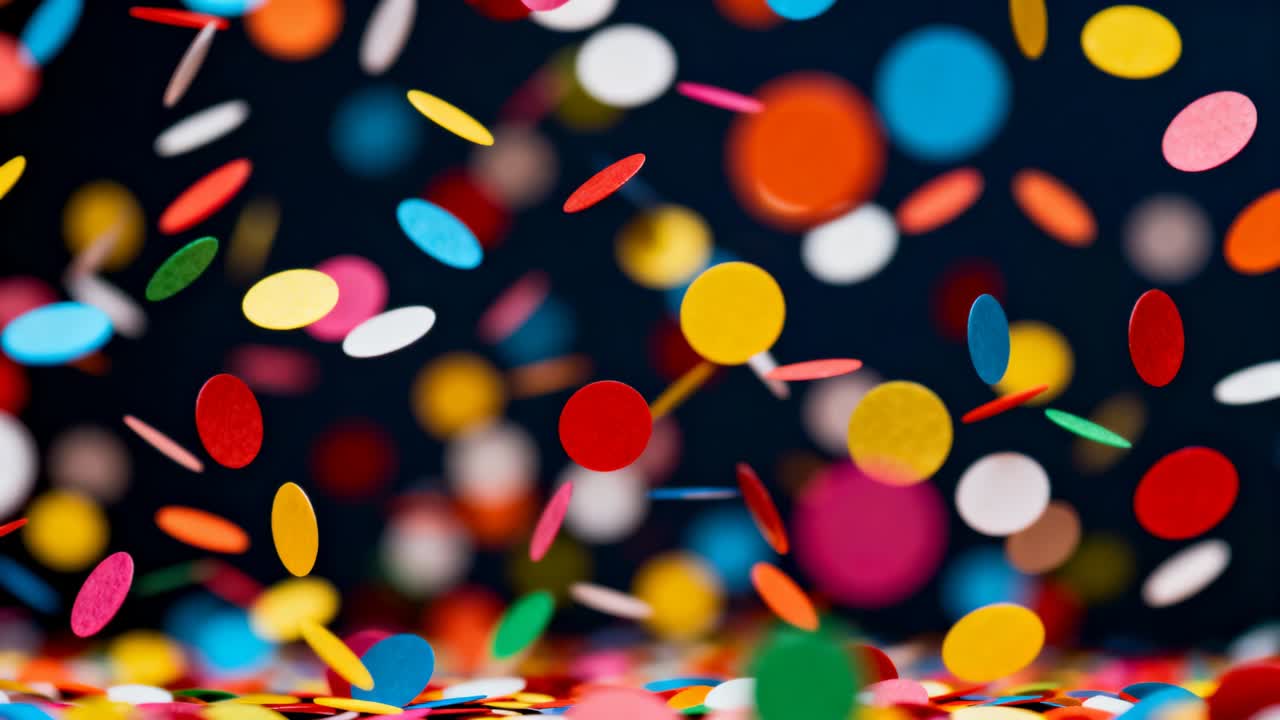Coriandoli multicolori che cadono a cascata dopo essere stati rilasciati fuori campo in studio, accumulandosi sul pavimento.