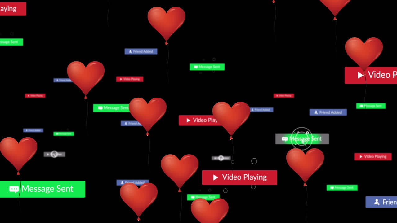 검은색 배경 위에 떨어지는 소셜 미디어 아이콘의 애니메이션