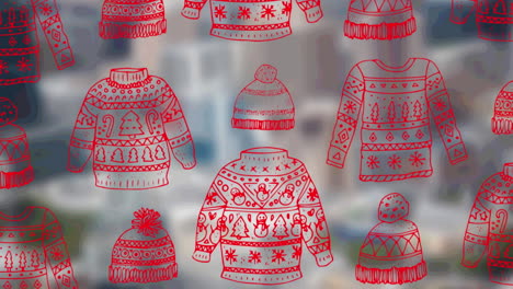 iconos de suéter y sombrero de navidad en un patrón sin costuras contra la vista del paisaje urbano
