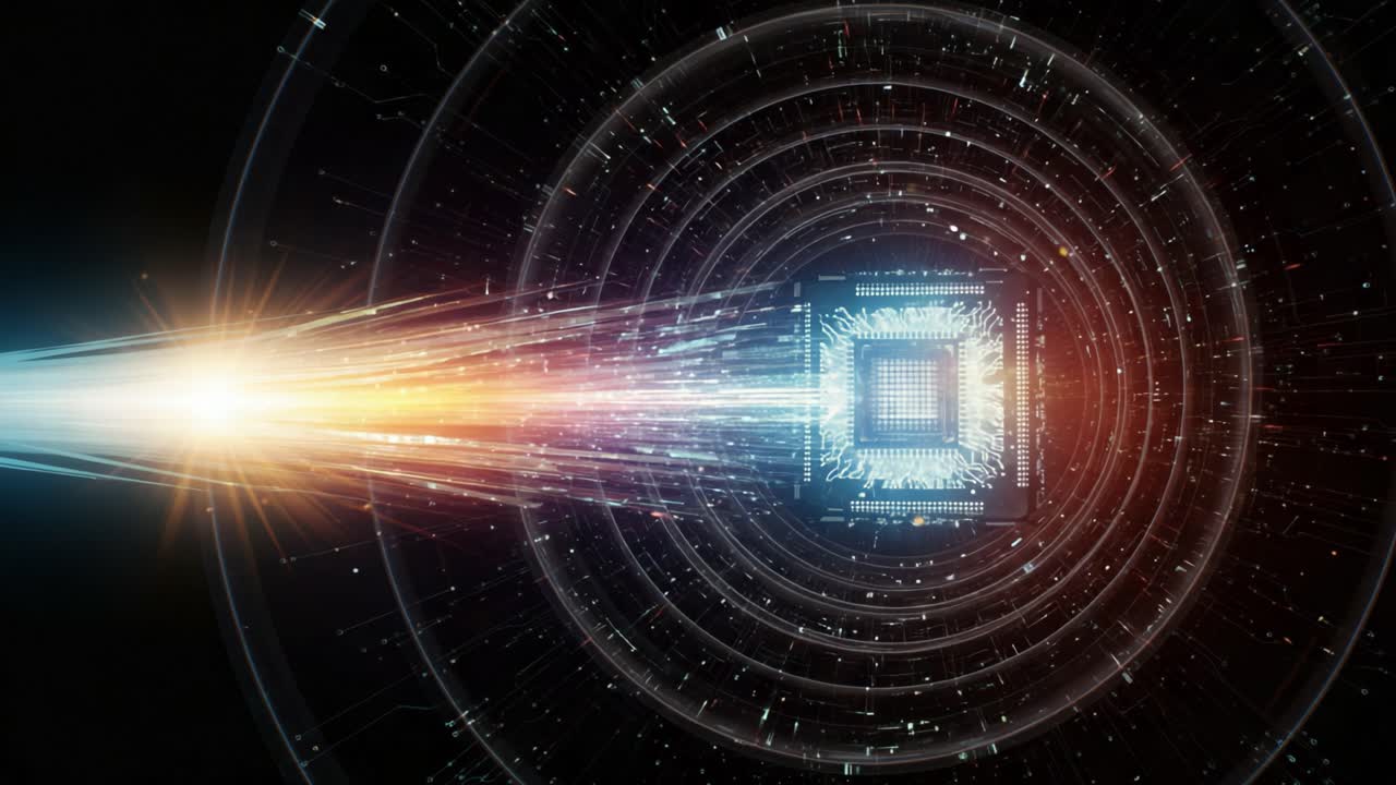 A Stunning Visual Journey Through a High-Tech Quantum Processor with Light Beams, Data Streams, and Vibrant Energy Representing Futuristic Innovation and Technology