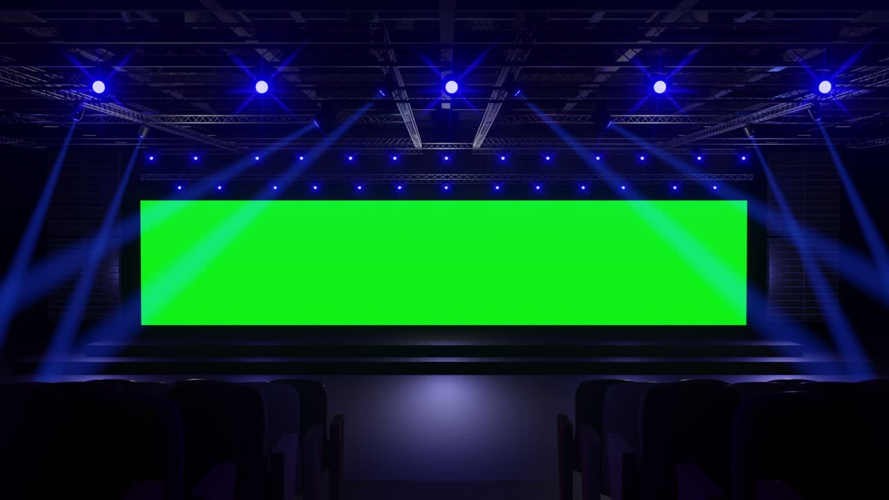 모 및 기업 정체성을위한 모션 빈 무대 디자인, 홀에서 녹색 화면을 표시, 그래픽 자원을위한 빈 화면, 이벤트 장면, 야간 조명 무대, 애니메이션 루프, 4k 3d 렌더링.