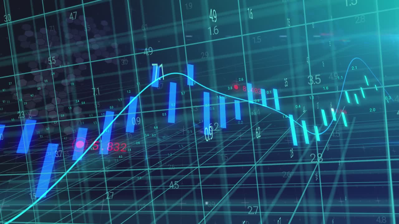 Animation af blå graf og databehandling over 3D-gitter på sort baggrund