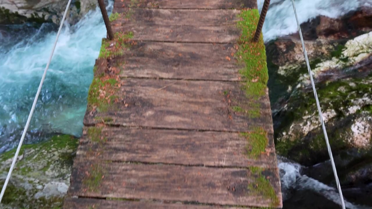 Vista in prima persona mentre si attraversa un ponte sospeso in legno sopra rapide cristalline nel boschetto acquatico di Šunik, valle di Lepena, Slovenia.
