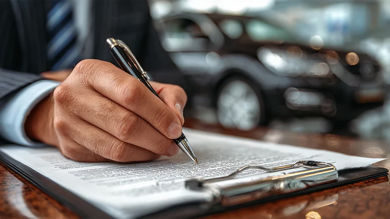 Un individuo si concentra sulla firma di documenti importanti con una penna in mano, riflettendo il processo di finalizzazione di una transazione in un ambiente professionale