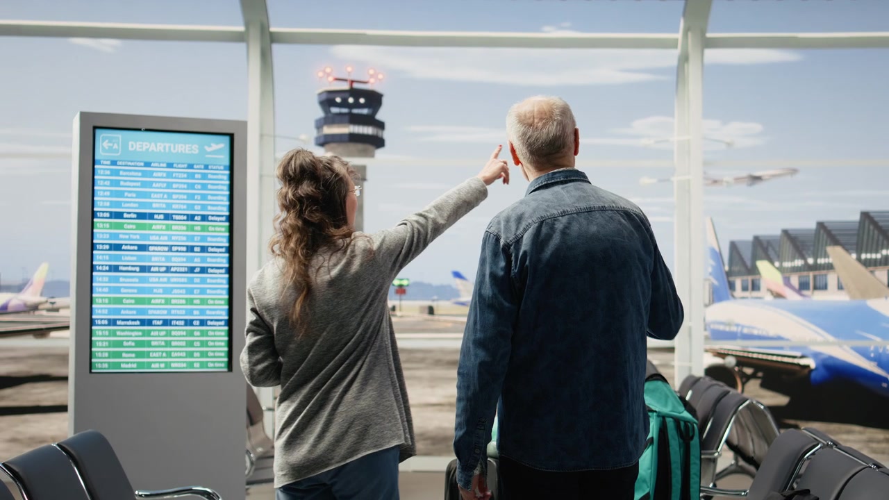 Pareja mayor feliz mirando por la ventana de salida con un avión en la pista