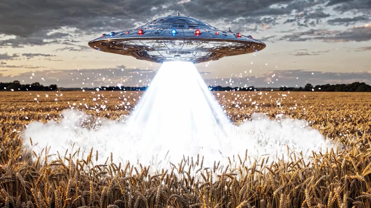 A UFO Descends Over a Wheat Field, Beaming Light into the Crops as an Abduction Scene Unfolds in a Stunning Display of Extraterrestrial Activity
