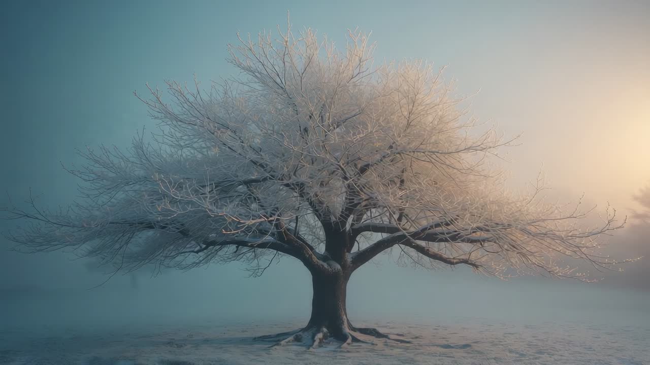 Zooming camera following dawn light warming frost-coated tree branches in snow-dusted field