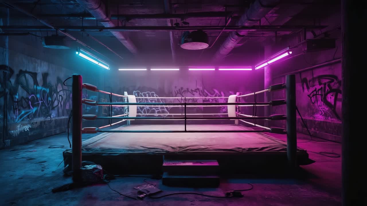 An urban boxing ring with neon lights and graffiti